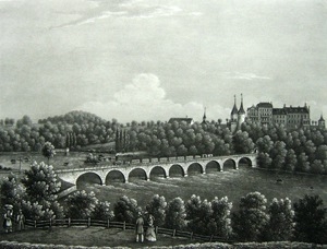 <p>408.4 * , Uhwiesen. Die Rhein - Brücke bei Lauffen. Aquatinta-Radierung um 1870</p>